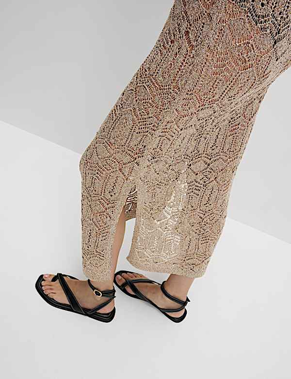 Gaun Midi rajutan Pointelle Logam - ID