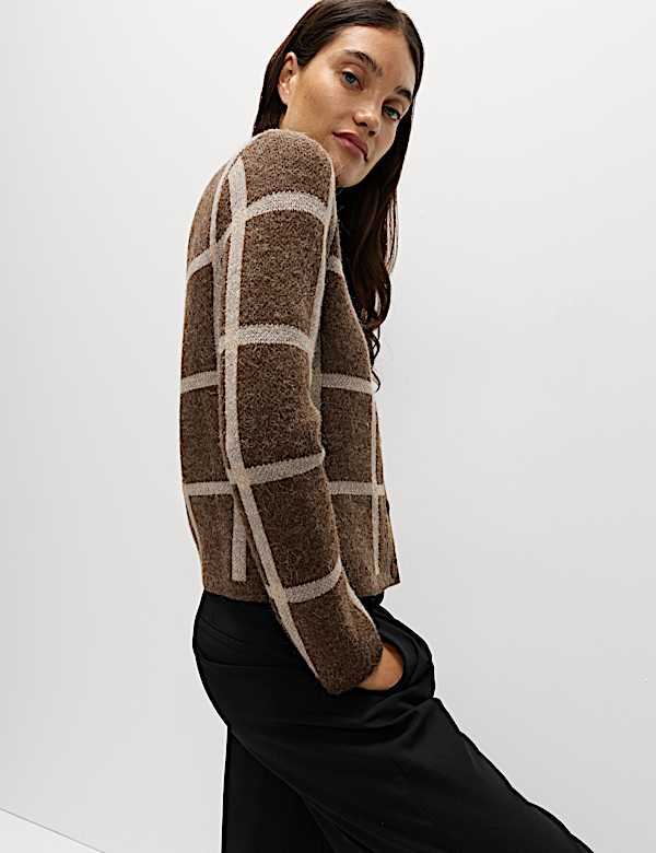 Cardigan en laine à col rond et motif à carreaux - CA