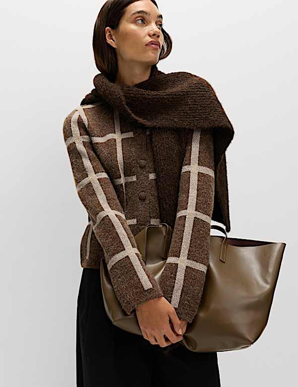 Cardigan en laine à col rond et motif à carreaux - CA