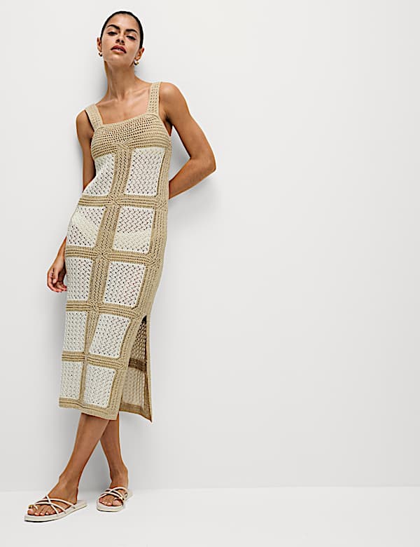 Cotton Rich Metallic Square Neck Midi Dress