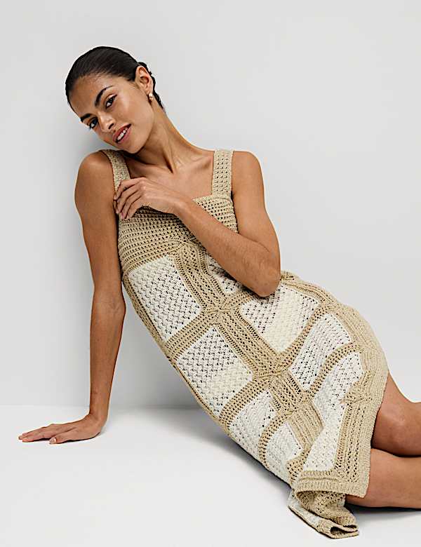 Cotton Rich Metallic Square Neck Midi Dress