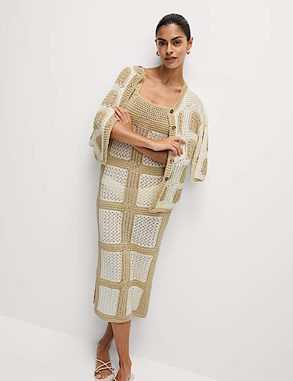 Cotton Rich Metallic Square Neck Midi Dress