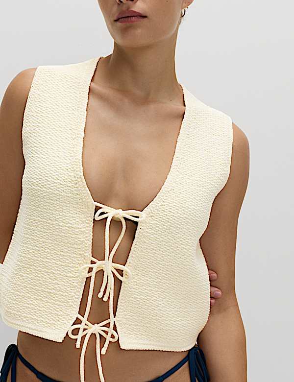 Cotton Blend Textured Tie Front Waistcoat - CA