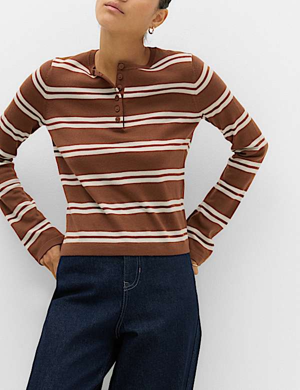 Pure Merino Wool Striped Henley Neck Jumper - CH