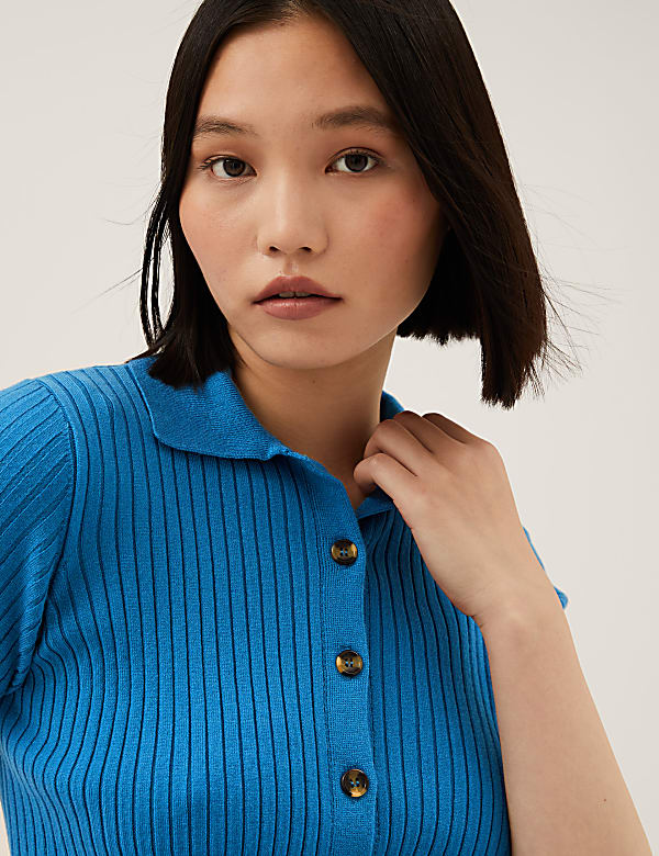 Ribbed Collared Button Through Knitted Top
