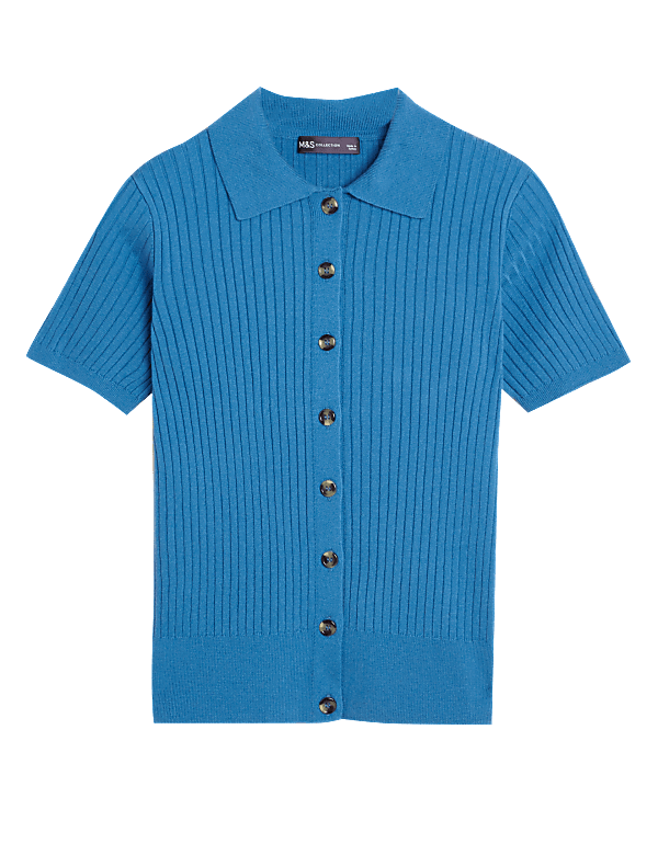 Ribbed Collared Button Through Knitted Top