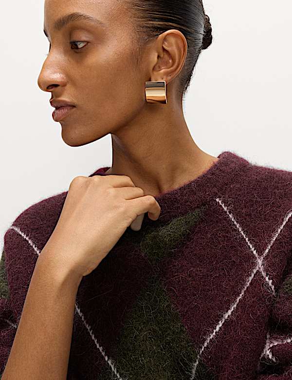 Wool Blend Argyle Crew Neck Relaxed Jumper