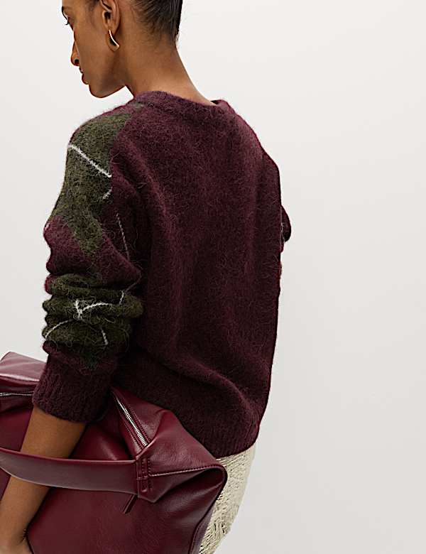 Wool Blend Argyle Crew Neck Relaxed Jumper