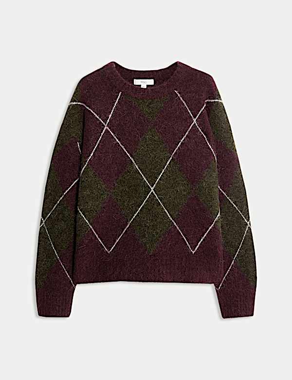 Wool Blend Argyle Crew Neck Relaxed Jumper - FI