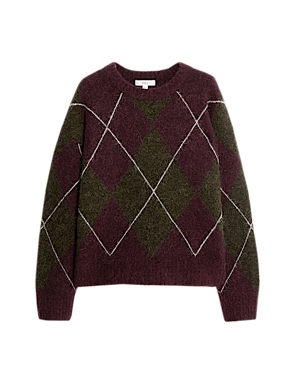 Wool Blend Argyle Crew Neck Relaxed Jumper