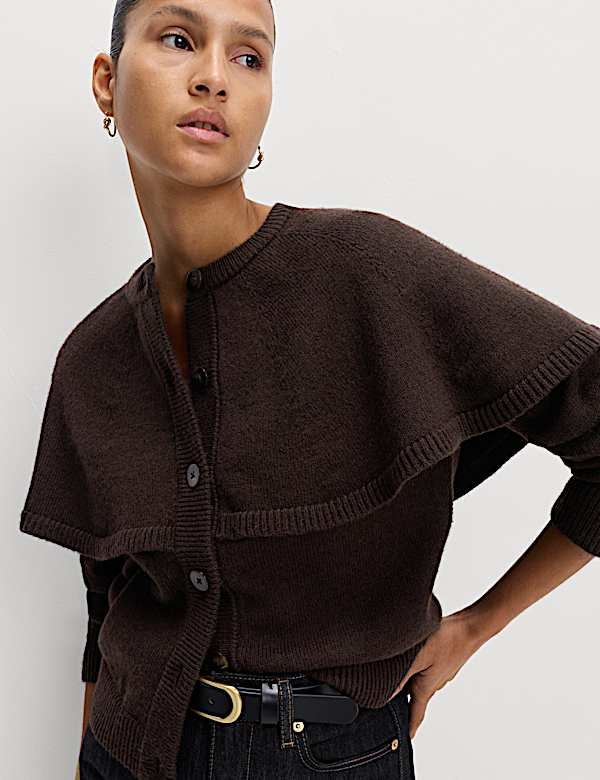 Wool Blend Crew Neck Cape Cardigan - NO