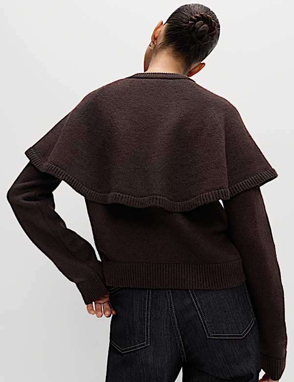 Wool Blend Crew Neck Cape Cardigan - NO