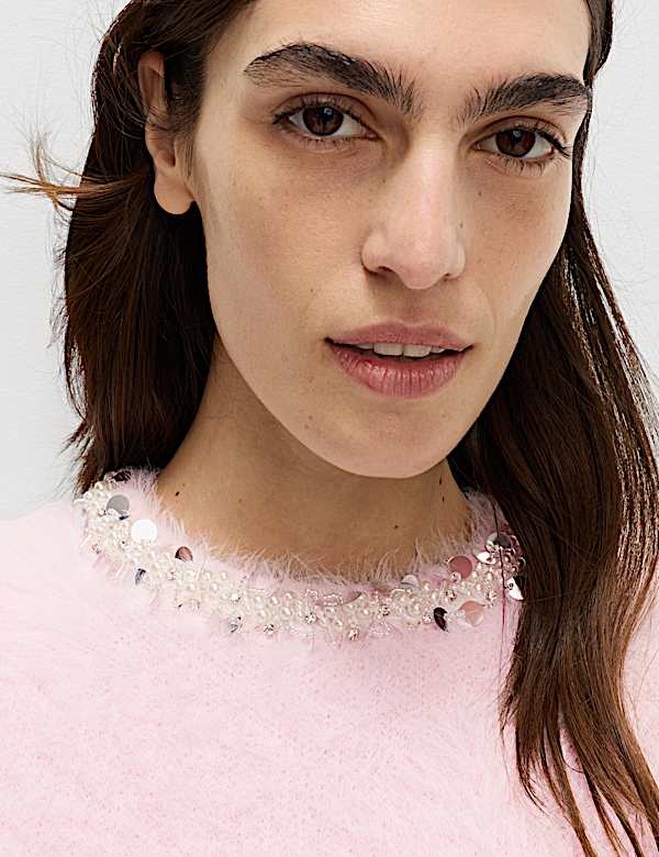 חולצה סרוגה מעוטרת בגזרה צמודה עם צווארון עגול - IL