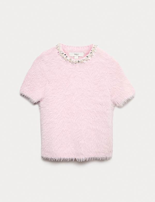 חולצה סרוגה מעוטרת בגזרה צמודה עם צווארון עגול - IL