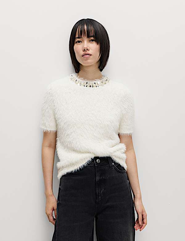 Embellished Crew Neck Fitted Knitted Top - NO