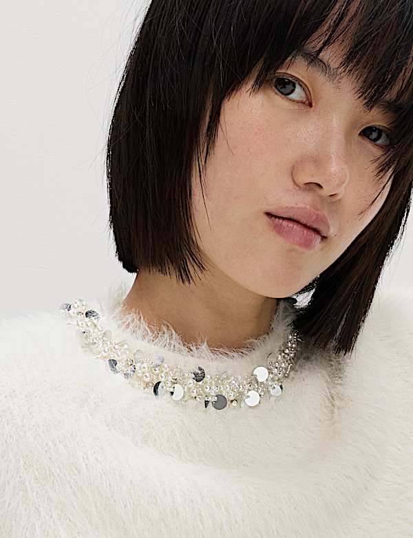 Embellished Crew Neck Fitted Knitted Top - NO