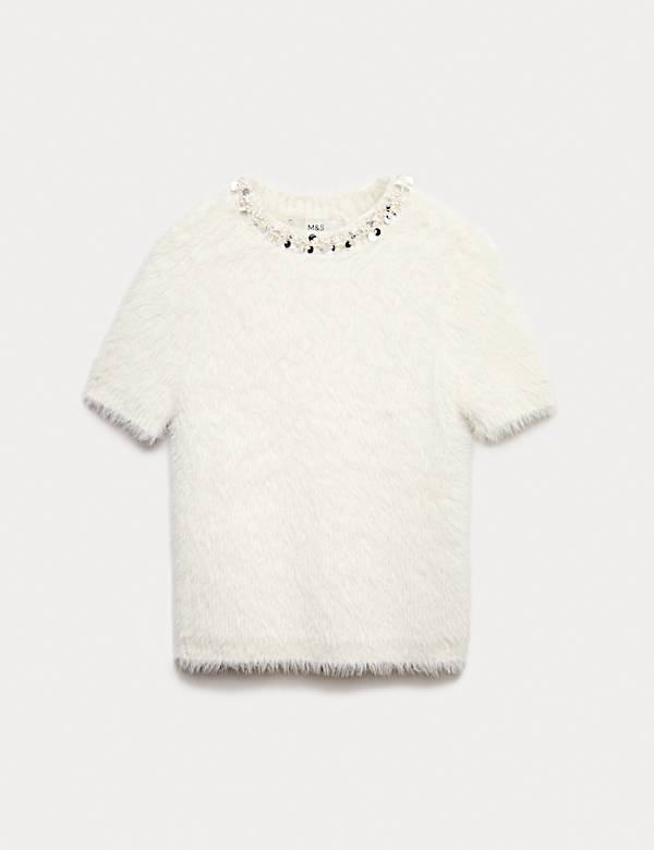 Embellished Crew Neck Fitted Knitted Top - NO