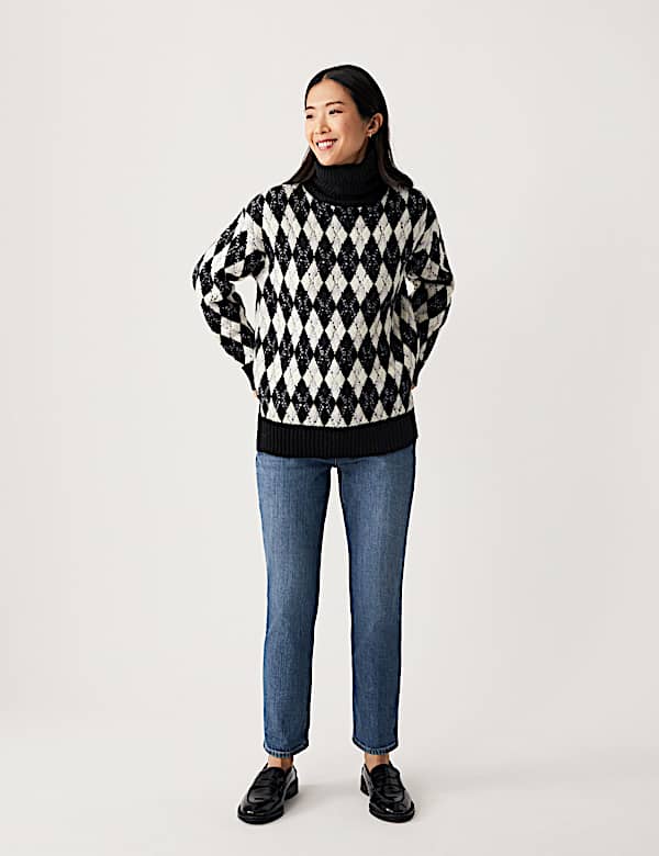 Recycled Blend Argyle Roll Neck Jumper