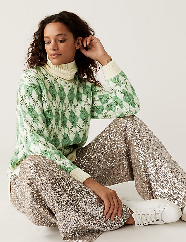 Recycled Blend Argyle Roll Neck Jumper