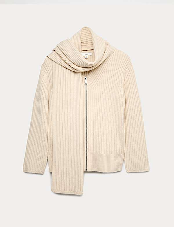 Wool Blend Ribbed Scarf Neck Zip Cardigan - JO