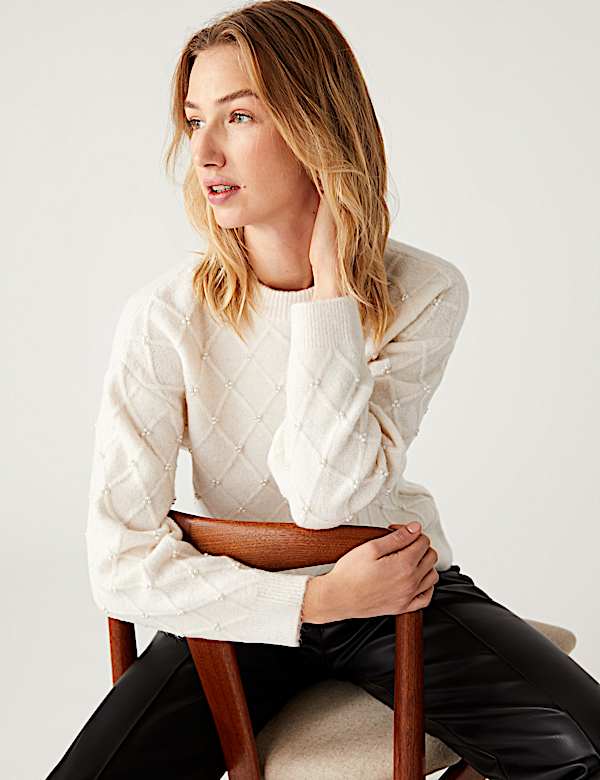 Embellished Textured Crew Neck Jumper