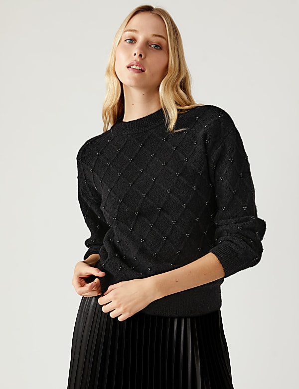 Embellished Textured Crew Neck Jumper