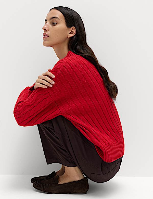 Cable Knit Funnel Neck Relaxed Jumper - CY