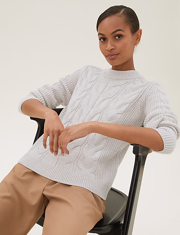 Cable Knit Crew Neck Jumper with Wool