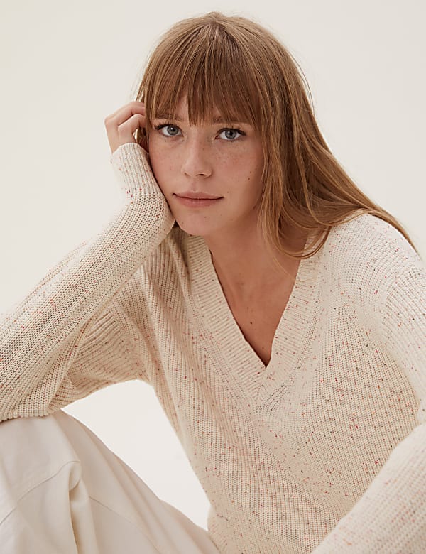 Textured V-Neck Jumper with Wool