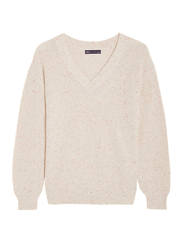 Textured V-Neck Jumper with Wool