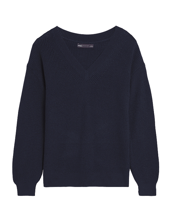 Ribbed V-Neck Jumper with Wool