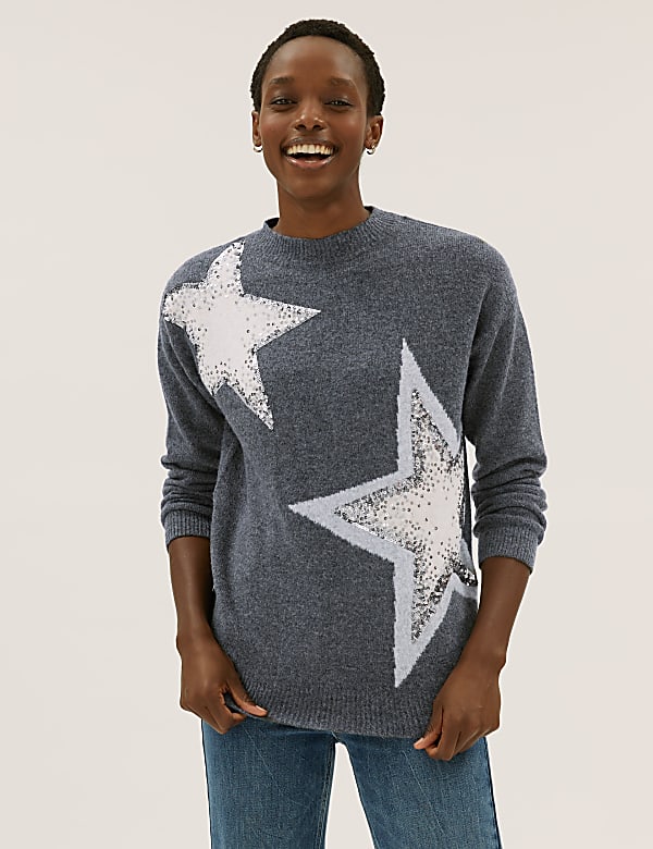 Sequin Star Crew Neck Relaxed Jumper