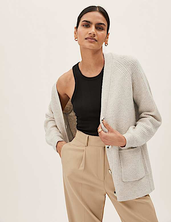 Ribbed V-Neck Relaxed Longline Cardigan