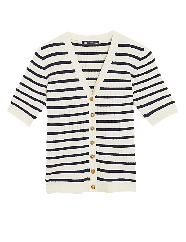 Cotton Rich Striped Ribbed V-Neck Cardigan