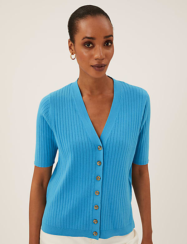 Cotton Rich Ribbed V-Neck Cardigan