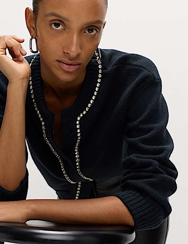 Gem Detail Crew Neck Cardigan with Wool