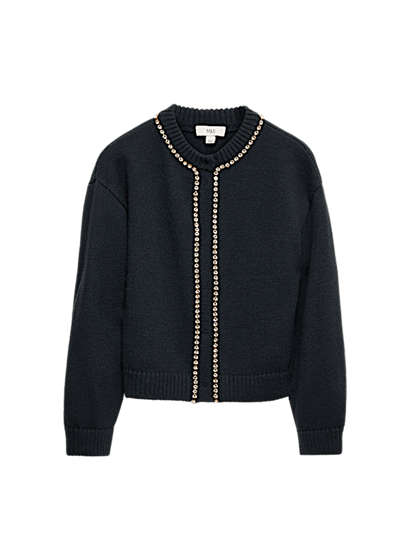 Gem Detail Crew Neck Cardigan with Wool
