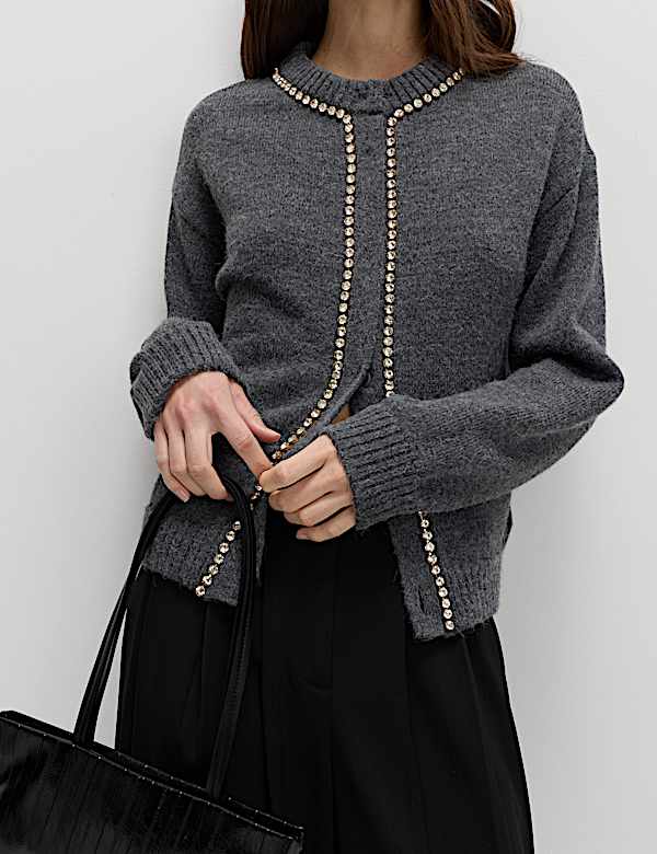 Gem Detail Crew Neck Cardigan with Wool - LU