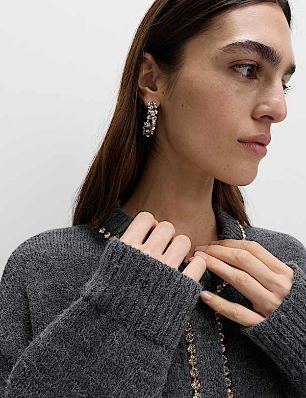 Gem Detail Crew Neck Cardigan with Wool - GR