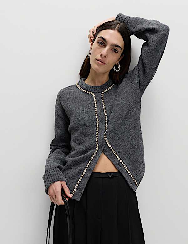 Gem Detail Crew Neck Cardigan with Wool - GR
