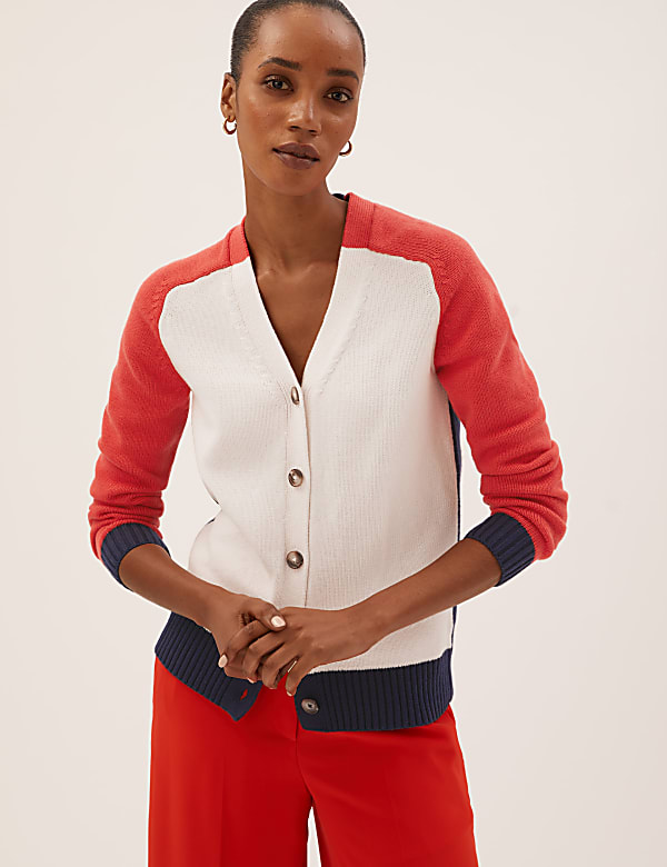Cotton Rich Colour Block V-Neck Cardigan