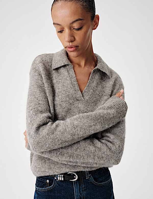 Wool Rich Brushed Collared V Neck Jumper - PT
