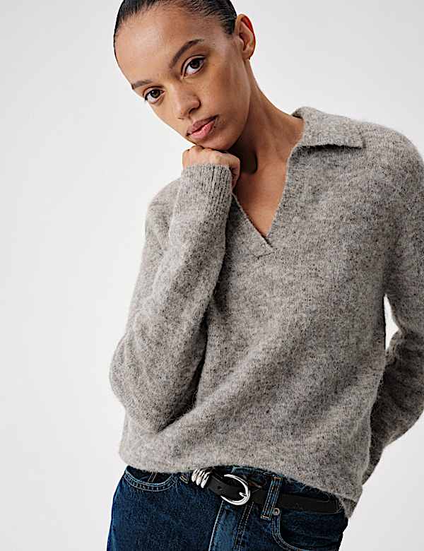 Wool Rich Brushed Collared V Neck Jumper - PT