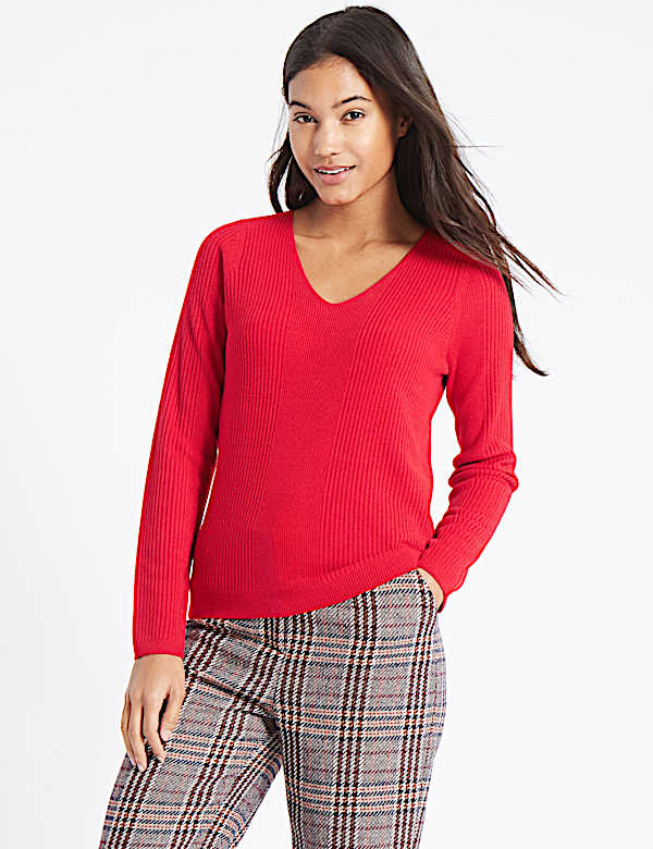 Soft Ribbed V-Neck Jumper
