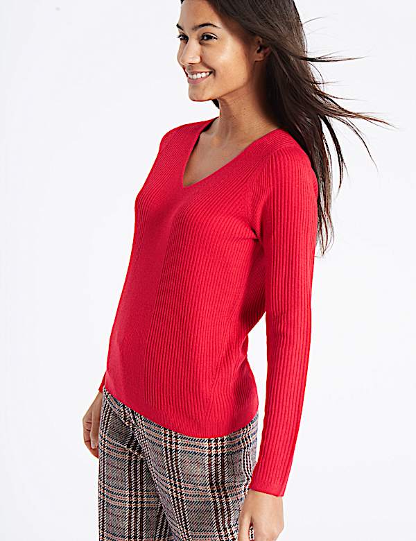 Soft Ribbed V-Neck Jumper