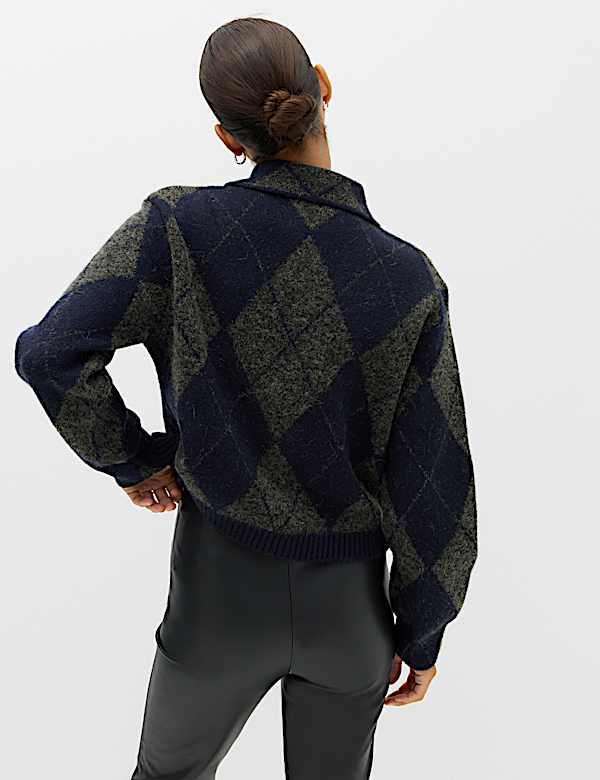 Argyle Collared Zip Up Knitted Jacket With Wool - KR