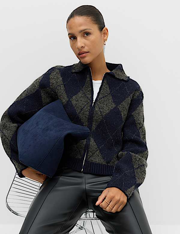 Argyle Collared Zip Up Knitted Jacket With Wool - KR