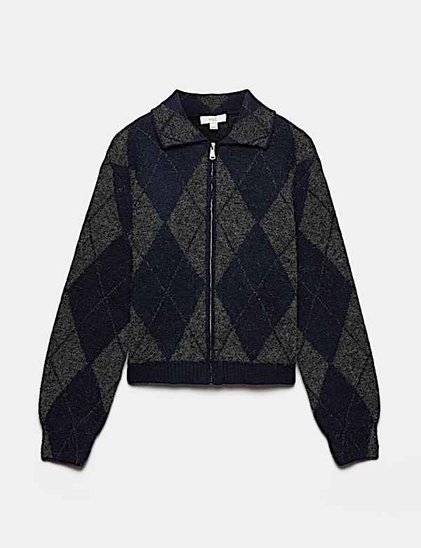 Argyle Collared Zip Up Knitted Jacket With Wool - KR