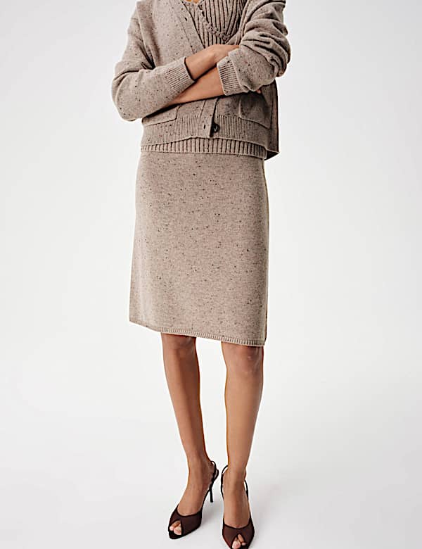 Lambswool Blend Neppy Knitted Knee Length Skirt - CN