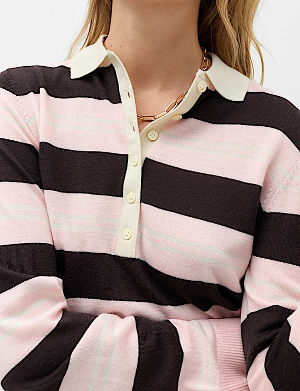 Pure Merino Wool Striped Collared Jumper - CN